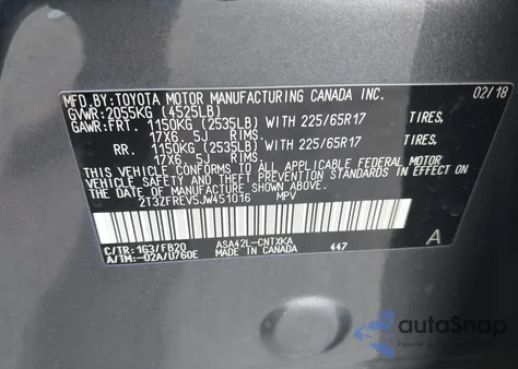 2018 Toyota Rav4 Le из США, поврежденный, VIN 2T3ZFREV5JW451016